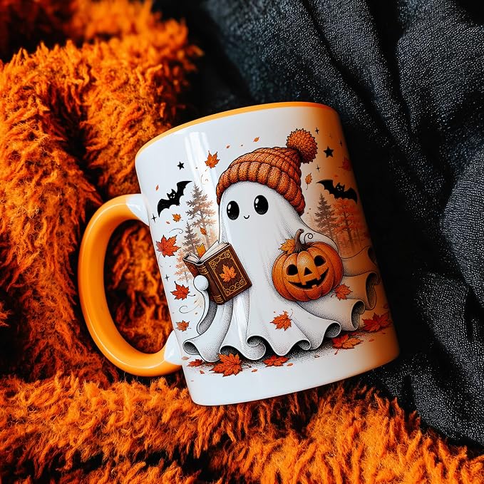 Hyturtle Fall Ghost Coffee Mug with Spoon Gifts for Book Lover on Halloween | Spooky Reading Themed Gifts for Readers, Fall Halloween Decor, Double-sided print 11oz ceramic mug, Comfort grip handle - Image 7