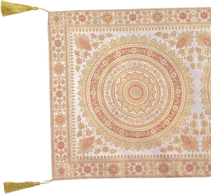 Indian Handmade Indian Traditional Table Runner Ethnic Kitchen Table Cloth for Wedding Bridal Birthday Party Diwali Decorations - Mandala Design - White - Image 4
