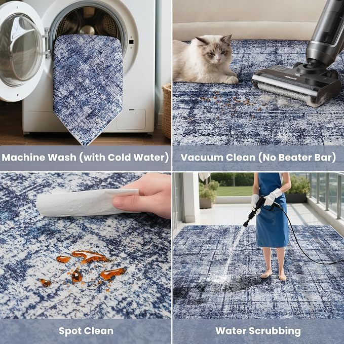 8x10 Washable Area Rug for Living Room Bedroom: Non-Slip Modern Navy Blue | Machine Washable TPR Backing, Stain-Resistant Low Pile, Pet & Kid Friendly, Abstract Decor for Dining Room, Dorm, Home Office - Image 5
