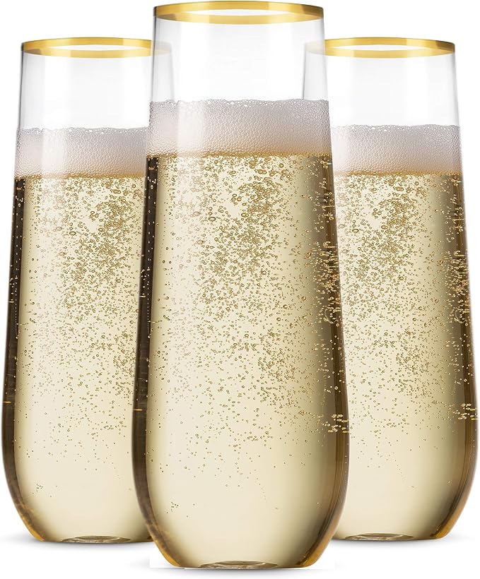 Munfix 48 Pack Stemless Plastic Champagne Flutes Disposable 9 Oz Gold Rim Clear Plastic Toasting Glasses Shatterproof Recyclable and BPA-Free by Munfix