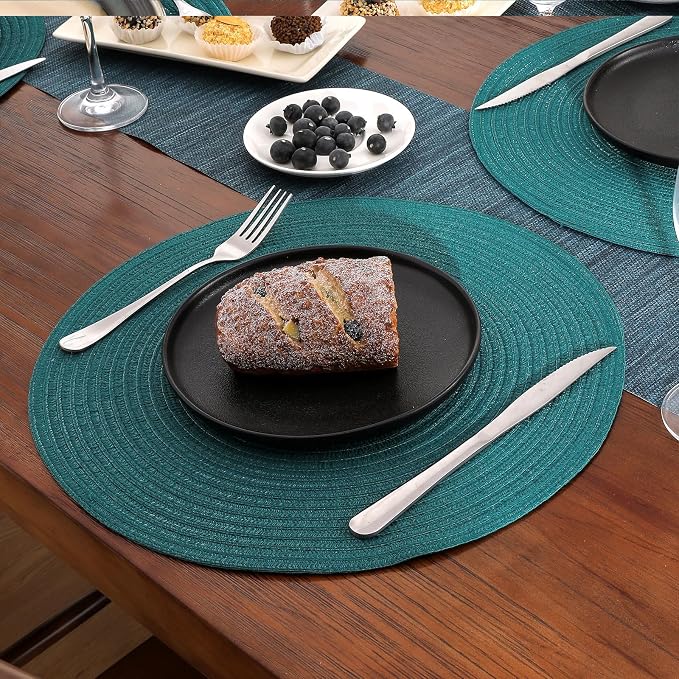 SHACOS Round Placemats Set of 6 Washable 15 inch Round Table Mats Cotton Polyester Woven Braided Place Mats for Dining Table, Teal Green - Image 6