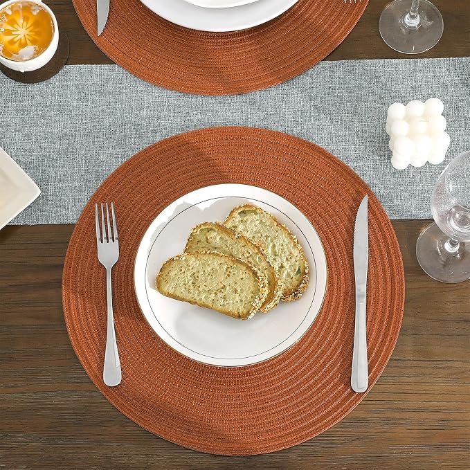 SHACOS Round Placemats Set of 8 Washable 15 inch Round Placemat Cotton Polyester Woven Braided Table Place Mats for Dining Table Wedding Party Decor, Dark Orange - Image 8