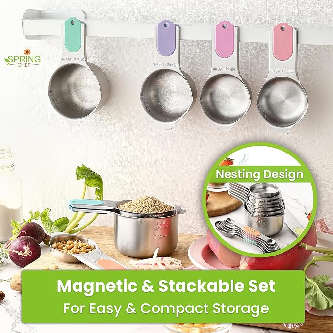 Spring Chef Magnetic Measuring Cups & Spoons Set of 15, Patented, Pastel | Stackable Stainless Steel Measuring Cups & Heavy Duty Metal Measuring Spoons with Levelers for Dry & Liquid Ingredients - Image 4