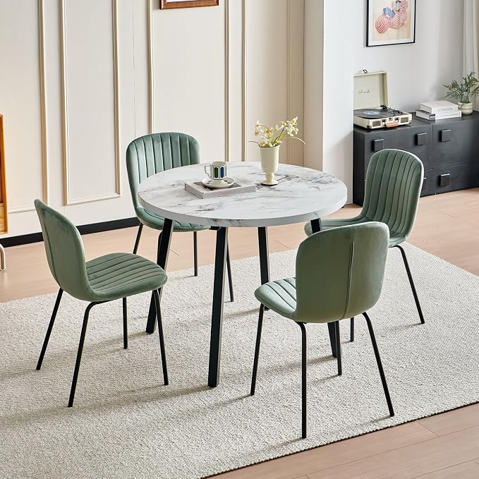 Small Round Dining Table Set for 4 People, 37" Modern Kitchen Table | 5-Piece Set, Faux White Marble MDF table, 4 Green Velvet Chairs, Easy Assembly, Space-saving, Fits Small Dining Room - Image 4