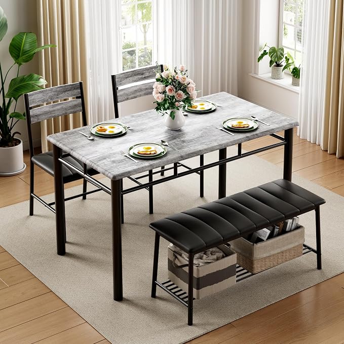 IRONCK Dining Table Set for 4, Kitchen Table and Chairs Set, Gray | Kitchen Table with Upholstered Bench and 2 Chairs for Small Space, Apartment - Image 3