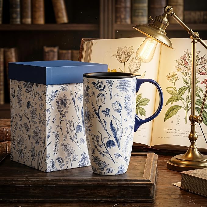 Topadorn 17oz Ceramic Travel Mug with Lid, Toile de Jouy | Floral Coffee Mug with Handle, Blue White Botanical Latte Cup, Microwave & Dishwasher Safe - Image 3