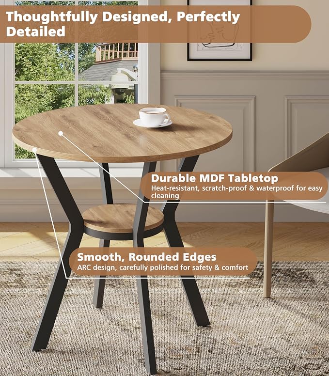 Round Kitchen Tables for 2-4, 31.5" Small Dining Tables with Storage, Rustic Wood Circle Dinner Table with Metal Leg, Farmhouse Dinner Table for Small Space, Dining Room, Kitchen, Office, Apartment - Image 4