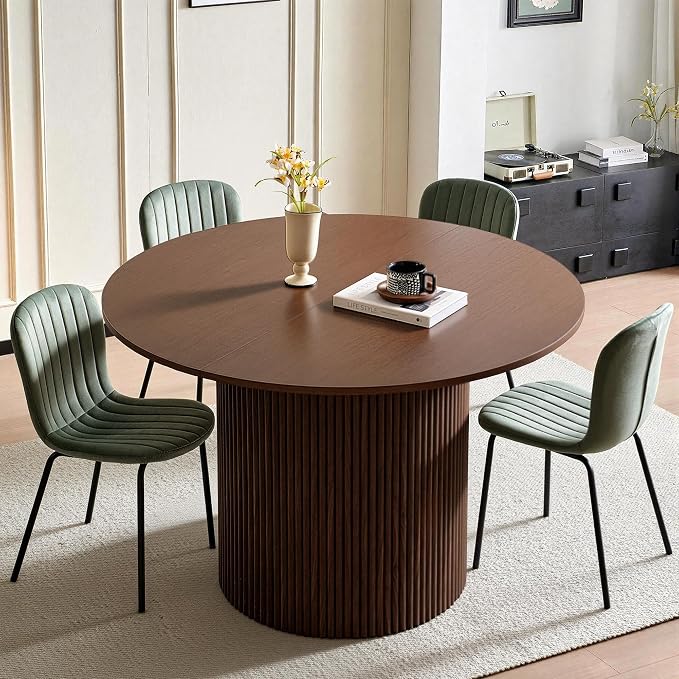 5 Piece Round Dining Table Set for 4, Mid Century Modern Wooden Kitchen Table and Chairs, Space-Saving Small Dinette Set (47 Inch Walnut Table+4 Green Chairs) - Image 4