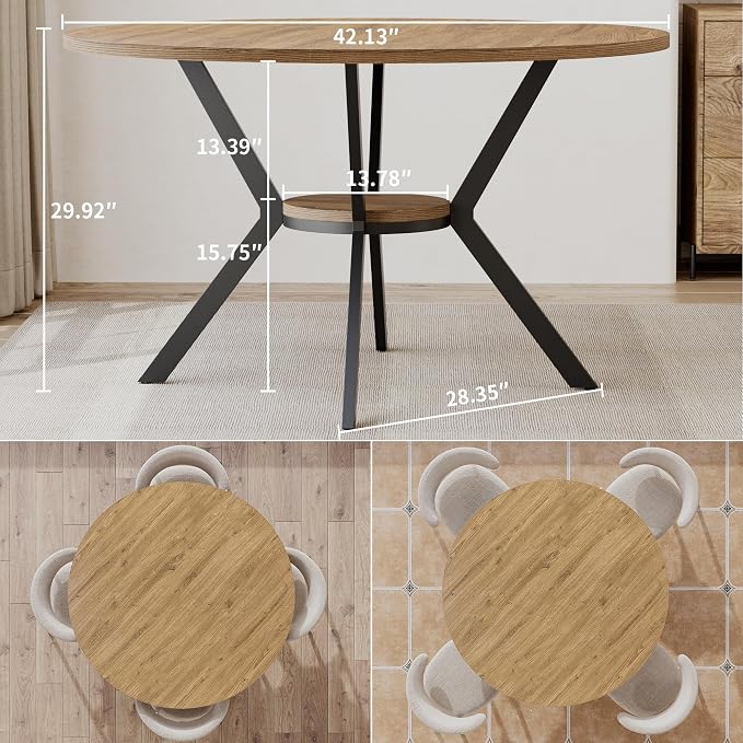 MECHYIN 42 Inch Round Dining Table for 2–4, Farmhouse Round Kitchen Table with Storage Shelf, Pedestal Dining Table, Wood Top & Metal Base, Small Space Table for Apartment, Dining Room - Image 2