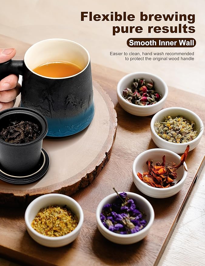 suyika Ceramic Tea Cup with Infuser and Lid, Gradient Embossed Large Tea Mug Wooden Handle for Steeping Loose Leaf, Tea Lover Gifts 15.2 oz / 450 ml,Black & Cyan - Image 4