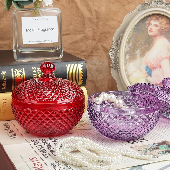 Joeyan 12 oz Small Red Glass Jewelry Box Jars with Lid,Embossed Glass Candy Dishes,Diamond Faceted Food Container,Decorative Apothecary Canisters,Colored Kitchen Bathroom Buffet Storage Organizer - Image 3