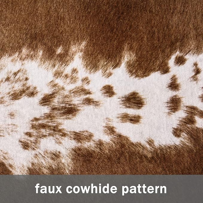 Faux Cow Hide Rug 7x6.2, Vintage Western Home Decor Cow Print Rug | Large Faux Leather Animal Cowhide Carpet for Living Room Bedroom, Dining Traditional Cow Print Stuff Carpets, Khaki - Image 3
