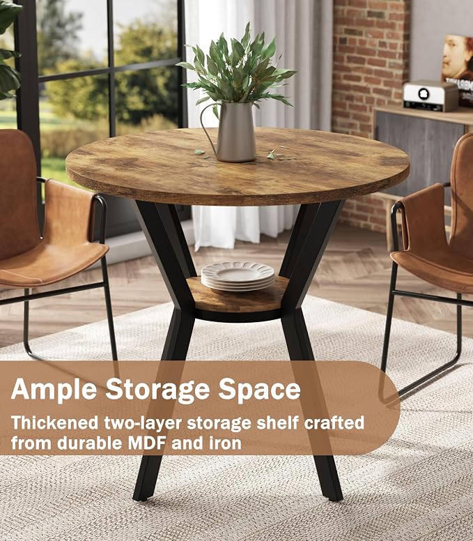 MECHYIN 31.5" Round Kitchen Table for 2-4, Small Round Dining Table with Storage, Rustic Wood Circle Table with Metal Legs, Compact Dining Room Table for Kitchen, Cafe, Apartment and Small Space - Image 2