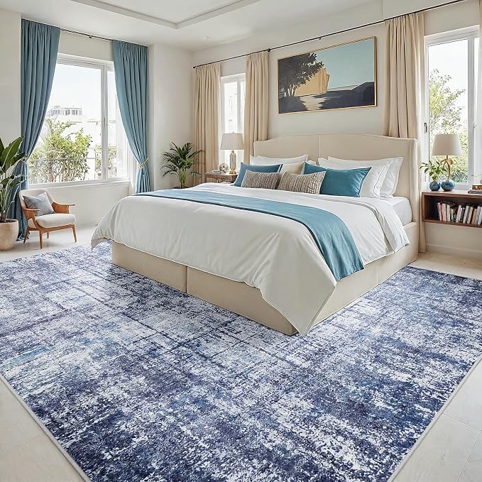 9x12 Washable Area Rug for Living Room Bedroom: Non-Slip Modern Navy Blue | Machine Washable TPR Backing, Stain-Resistant Low Pile, Pet & Kid Friendly, Abstract Decor for Dining Room, Dorm, Home Office - Image 2