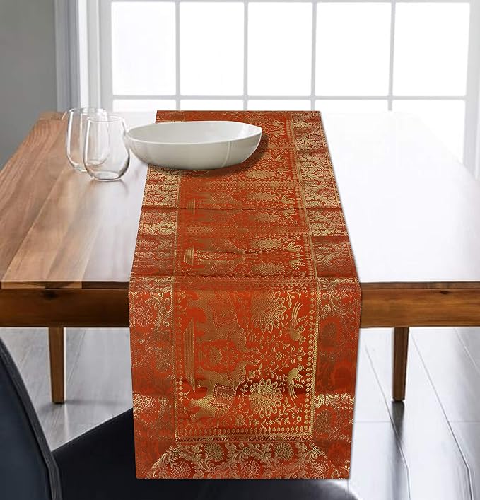 Indian Traditional Silk Table Runner 60 x 16 Inch, Elephant & Peacock Art Design Decorative Table Cloth, Orange Dining Table Runner for Kitchen, Living Room and Festive Home Decor - Image 7