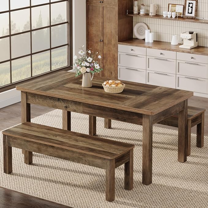 Tribesigns Farmhouse Kitchen Table Set for 4-6, 55-Inch Wooden Dining Table with 2 Benches, Space Saving 3 Pieces Heavy Duty Dinette for Dining Room, Kitchen, Small Space (Wood Hemp) - Image 7
