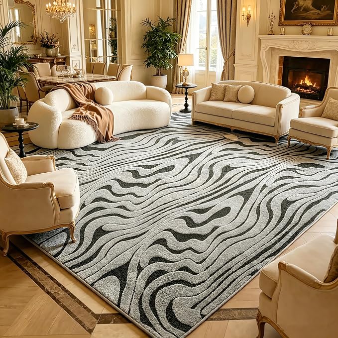 Washable Area Carpet 6′6″ × 9′10″ for Living Room Bedroom, Zebra | Soft Cozy Fluffy Mid Pile Machine Washable Non Slip Boho Modern Accent Rug for Dining Room Nursery Kids Room Dorm Hotel by Ukeler