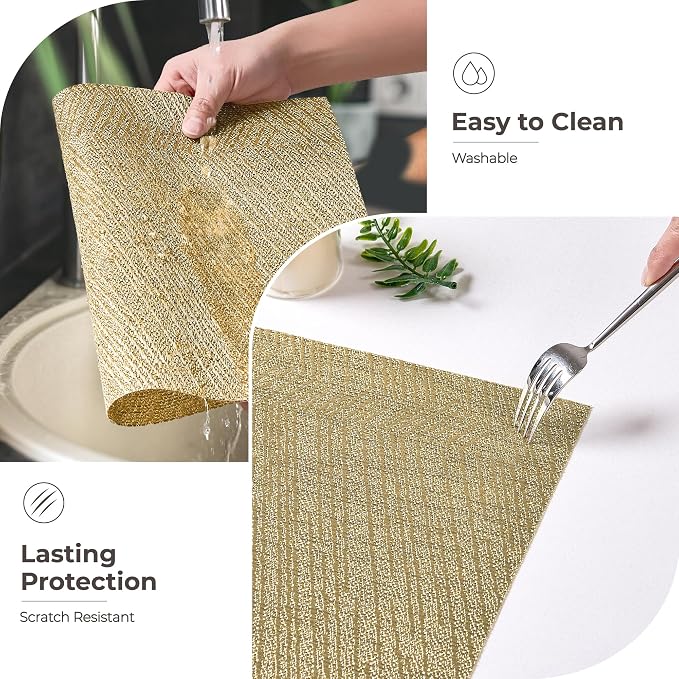 Leetaltree Gold Placemats Set of 8 - Heat Resistant Non-Slip Place mats for Dining Table, Washable Durable PVC Vinyl Woven Table Mats(Luxury Gold, 8) - Image 6