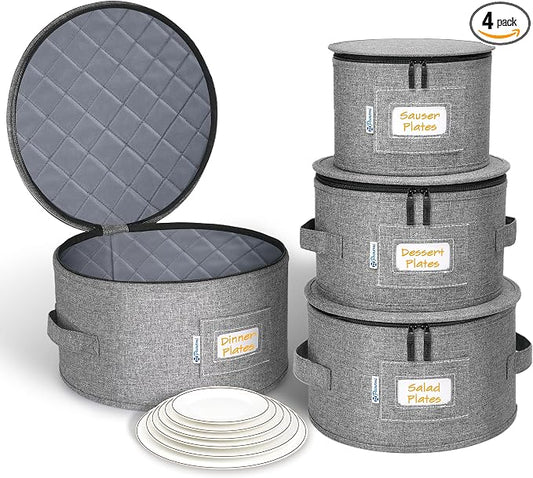punemi China Storage Containers, 4-Set Hard Shell Dish Storage for Moving | Hard shell support with felt dividers for charger plates, dinnerware and china; stackable design holds set of 12 by Punemi