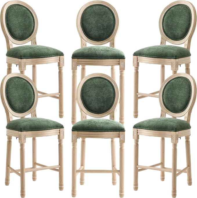 French Country Barstool, Linen Farmhouse Counter Height Chair | Set of 6, with Cushion Round Back and Solid Wood Legs, Oval Chairs for Restaurant, Bar, Kitchen, Café, Green by RCDDFurniture