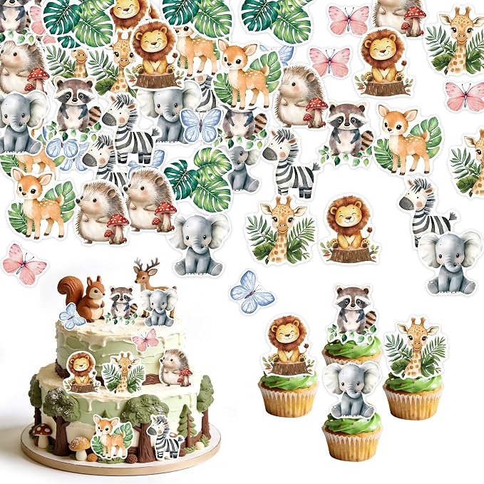 60Pcs Edible Jungle Safari Animal Cupcake Toppers Wafer Paper Green Leaf Woodland Animal Cupcake Kids Baby Shower Birthday Party Decoration Supplies by Unknown