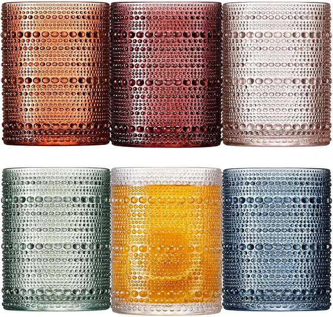 Mfacoy Colored Hobnail Drinking Glasses Set of 6, 10oz Vintage Kitchen Glassware, Embossed Beaded Glass Cups, Water Glasses, Beaded Colorful Water Tumbler for Cocktail, Juice and Various Mixed Drinks by Mfacoyisalifestylebrand