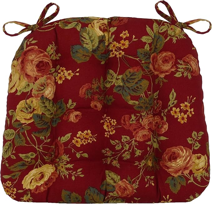 Barnett Home Decor Dining Chair Pad with Ties Bethany Red Floral - Size Small 15 x 17 Chair Cushion - Latex Foam Fill - Tufted Seat Cushion by BarnettHomeDecor
