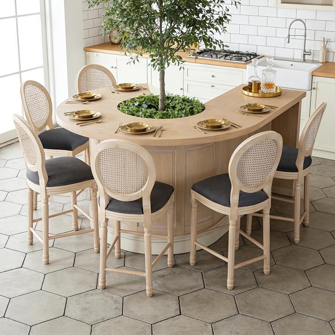 French Country Barstool, Linen Farmhouse Counter Height Chair | Set of 6, with Rattan Round Back and Solid Wood Legs, Oval Chairs for Restaurant, Bar, Kitchen, Café, Dark Grey - Image 2