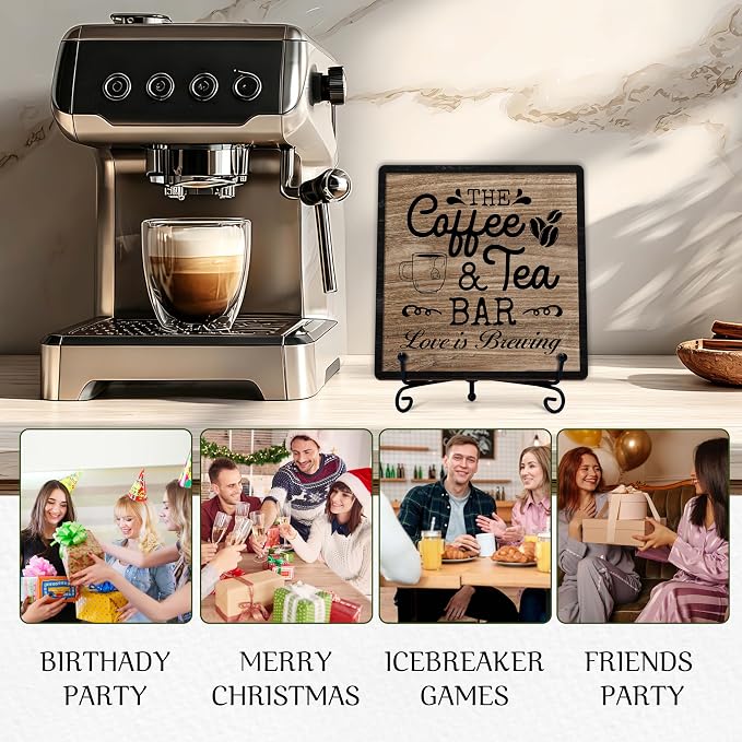 Coffee Bar Sign, Love is Brewing Farmhouse Tabletop Decor, Coffee and Tea Lover Gifts, 5x5 Wood Plaque with Iron Stand for Home Kitchen Cafe, Coffee Bar Decor – L02 - Image 5