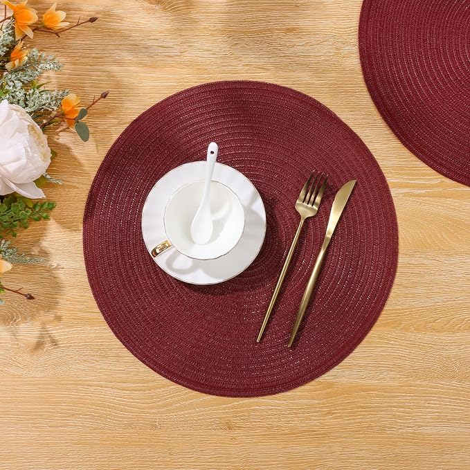SHACOS Round Placemats Set of 4 for Dining Table 15 inch Round Braided Place Mats Washable Non Slip Kitchen Table Mats, Burgundy - Image 8