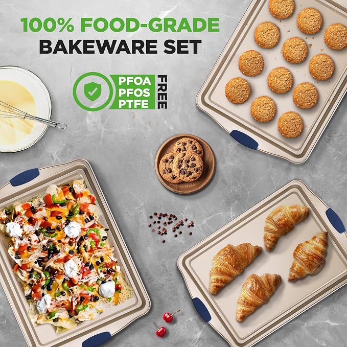 NutriChef 3‑Piece Non‑Toxic Cookie Sheets for Baking – Premium Carbon Steel Oven Tray Set with Blue Silicone Handles – Nonstick Baking Sheet Set for Cookies, Pastries & Oven‑Safe Cooking - Image 5