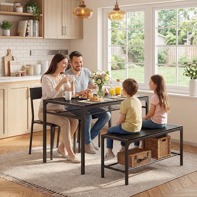 Gizoon 4-Piece Dining Table Set for 4, Kitchen Table with Bench Black | Space-saving black 4-piece dinette set with metal storage rack. Includes 2 ergonomic chairs and 1 bench. Easy to clean. - Image 4