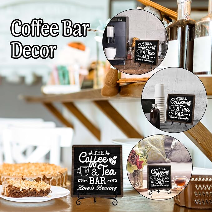 Coffee Bar Sign, Love is Brewing Farmhouse Tabletop Decor, Coffee and Tea Lover Gifts, 5x5 Wood Plaque with Iron Stand for Home Kitchen Cafe, Coffee Bar Decor – L05 - Image 3