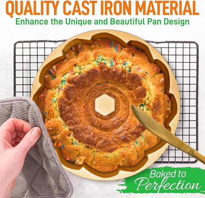 NutriChef 9-Inch Cake Pan - Heavy Die Cast Aluminum Cake Baking Mold with 2 Layers of Professional Nonstick Coating - Fluted Flow Design for Uniform Baking & Browning, Dishwasher Safe - Gold - Image 3
