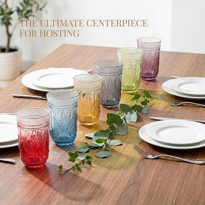 13 OZ 6 Pack Vintage Drinking Glasses Set, Colorful Textured Glass Water Tumblers Cups -Embossed Striped Glassware for Water, Cocktails, Juice, Iced Coffee, Beer(Sweet flag style) - Image 6