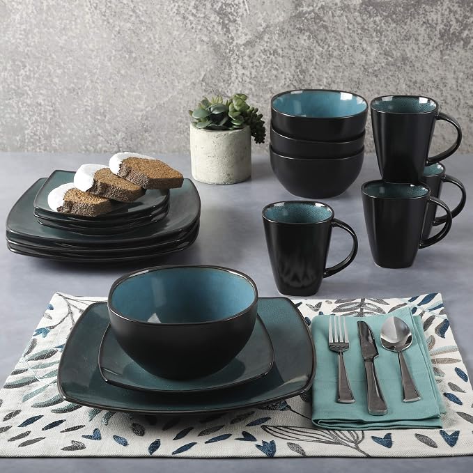 Gibson Elite Soho Lounge 16-Piece Reactive Glaze Dinnerware Set – Teal and Black Tutone Stoneware Plates and Bowls - Image 7