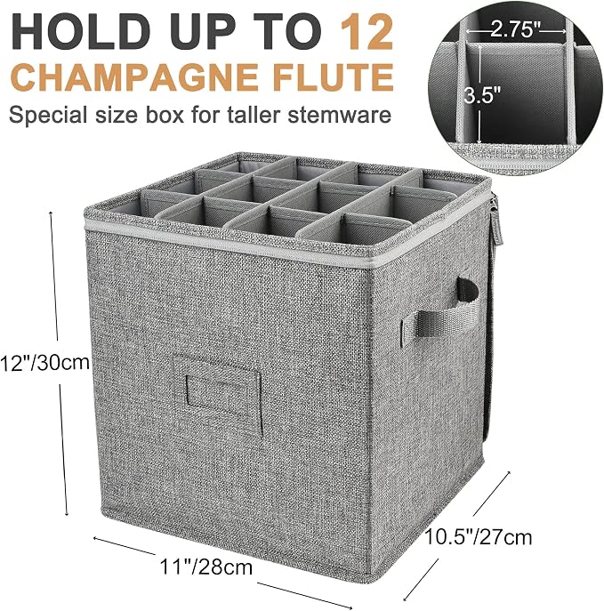 LotFancy Champagne Flute Storage Container for Moving, Hard Shell, 2 Pack Stackable 12" Tall Stemware Storage Box with Dividers & Handles, Wine Glass, Crystal Glassware, Drinkware Case, Gray - Image 2
