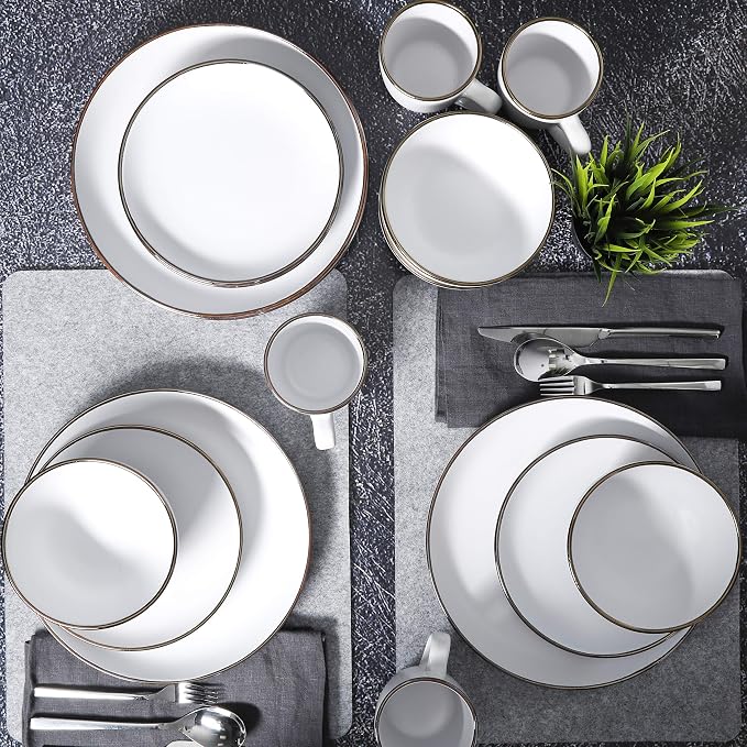 Gibson Home Rockaway Round Stoneware Dinnerware Set, Service for 4 (16pcs), Matte White/Metallic Rim - Image 6
