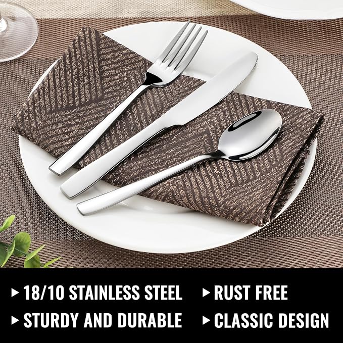 HIWARE 48-Piece Silverware Set with Steak Knives for 8, 18/8 Stainless Steel Flatware Cutlery Set For Home Kitchen Restaurant Hotel, Kitchen Utensils Set, Mirror Polished, Dishwasher Safe - Image 2