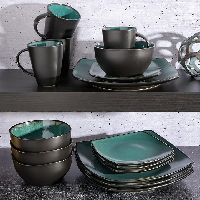 Gibson Elite Soho Lounge 16-Piece Reactive Glaze Dinnerware Set – Teal and Black Tutone Stoneware Plates and Bowls - Image 3