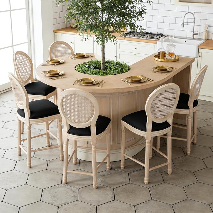 French Country Barstool, Linen Farmhouse Counter Height Chair | Set of 6, with Rattan Round Back and Solid Wood Legs, Oval Chairs for Restaurant, Bar, Kitchen, Café, Black - Image 2