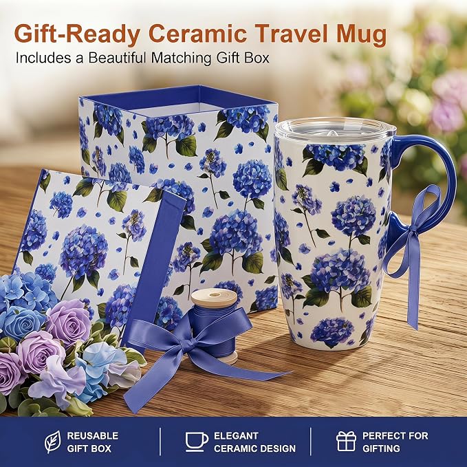 Topadorn 17oz Ceramic Travel Mug with Lid, Blue Hydrangea Coffee Mug | Floral Coffee Cup, Microwave & Dishwasher Safe, Gift Box Included - Image 4
