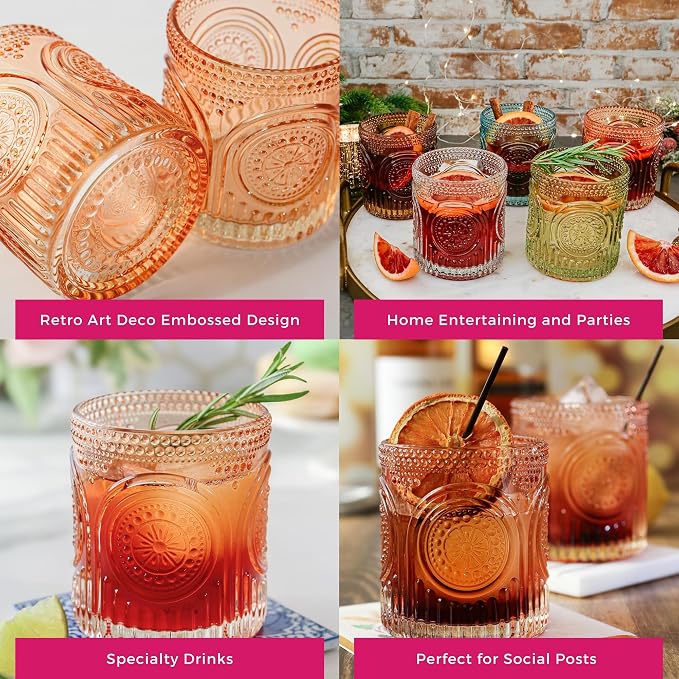 Ribbed Retro Arch Floral Rose Gold Drinking Glasses Set of 6, (10 oz) Vintage Glassware Set by Kate Aspen| Cocktail Glass Set, Juice Glass, Water Cups | Great Hostess Gift & Gift for New Home Owners - Image 5