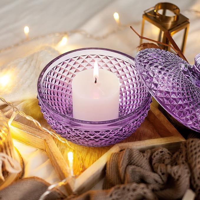 Joeyan 12 oz Small Purple Glass Jewelry Box Jars with Lid,Embossed Glass Candy Dishes,Diamond Faceted Food Container,Decorative Apothecary Canisters,Colored Kitchen Bathroom Buffet Storage Organizer - Image 2