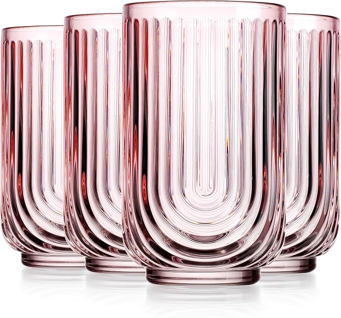 Glaver's Vintage Glassware Art Deco Glasses Ribbed Drinking Glasses U-Shape Arch Design Colored Cocktail Kitchen Tumblers Everyday Dinner Decorative Party Hand-Wash Only (Pink S/4 17oz) - Image 7