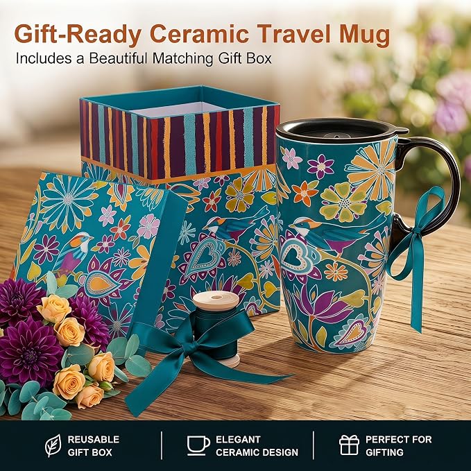 Topadorn 17oz Ceramic Travel Mug with Lid, Floral Coffee Mug, Folk Art Bird | Colorful Ceramic Coffee Mug With Handle, Splash-Resistant Lid, Microwave And Dishwasher Safe, Matching Gift Box Included - Image 4