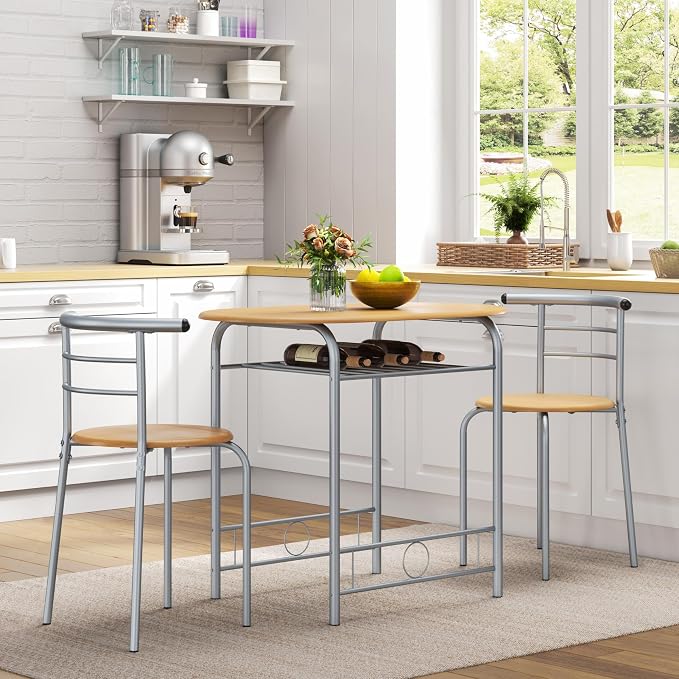 Yaheetech 3 Piece Dining Table Set, Kitchen Table & Chair Sets for 2, Compact Bistro Table Set with Steel Legs, Built-in Wine Rack for Small Space, Apartment, Breakfast Nook, Natural - Image 2
