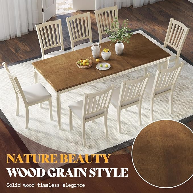AMERLIFE 9 Piece Farmhouse Dining Table Set with 79" Table, Cream | Solid Rubberwood Frame, 8 Chairs Included, Farmhouse Design, Upholstered Seating, Rustic Cream Finish - Image 3