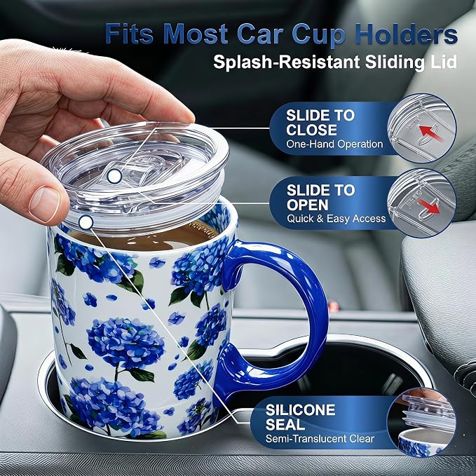 Topadorn 17oz Ceramic Travel Mug with Lid, Blue Hydrangea Coffee Mug | Floral Coffee Cup, Microwave & Dishwasher Safe, Gift Box Included - Image 5