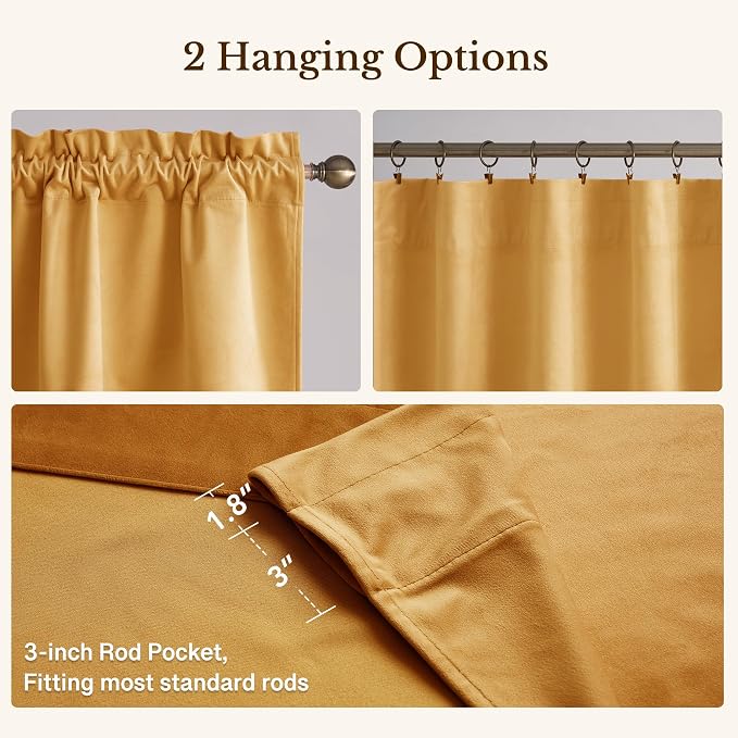 Yellowish Gold Scalloped Velvet Valance, Luxury Gold Wavy Window Treatments for Kitchen, Decorative Rod Pocket Short Drapes for Farmhouse, 52x18 Inch, 4 Panel Set - Image 5